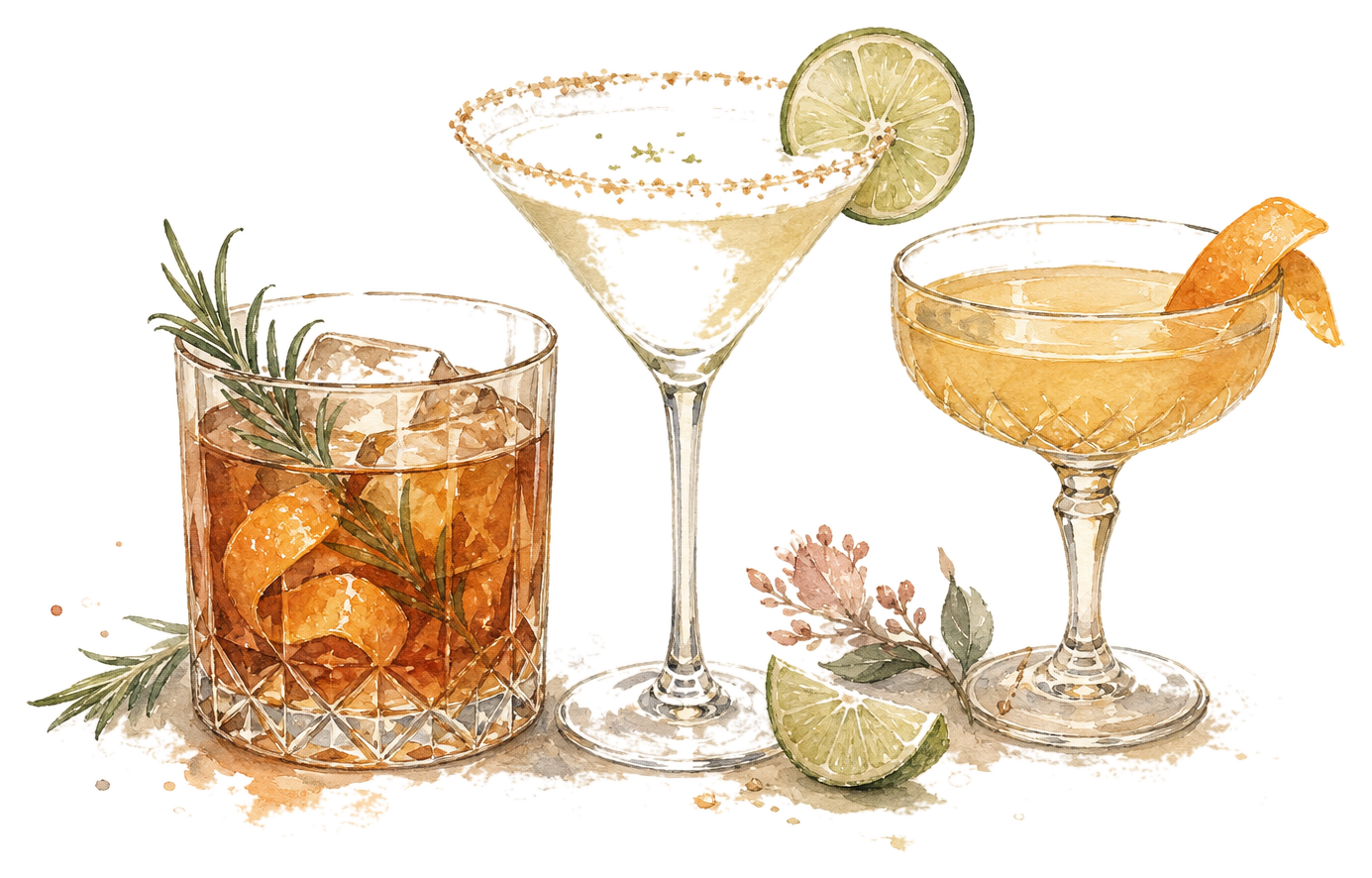 Watercolor illustration of three seasonal cocktails